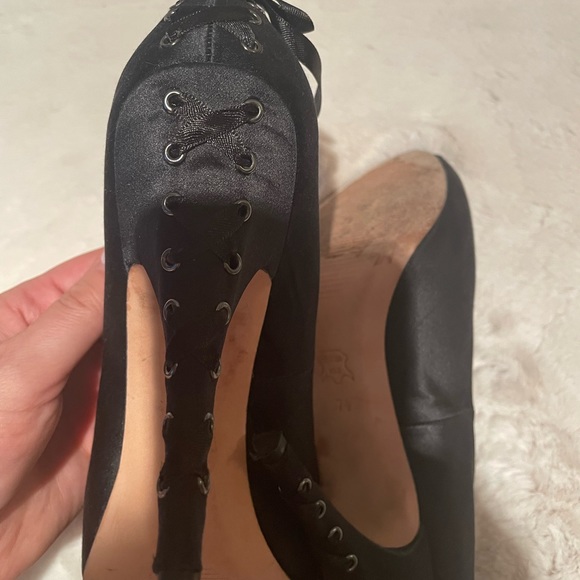 BCBG MaxAzria Anya Black Satin Peep Toe Heels - Picture 3 of 6